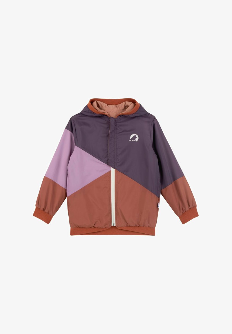 Veste coupe-vent avec un design en blocs de couleurs violet, rose et rouille, dotée d'une fermeture éclair à l'avant, d'une capuche et de poignets élastiques.
