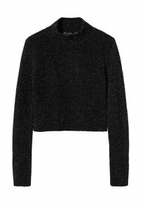 Musta, pitkähihainen cropped-neule, jossa on pörröinen rakenne ja hieno kiilto, ja joka sisältää korkean pyöreän kaula-aukon.