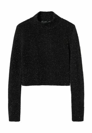 Pull cropped noir à manches longues avec une texture pelucheuse et un léger scintillement, avec un col rond haut.