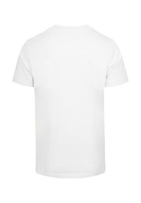Weißes Baumwoll-T-Shirt, Rundhalsausschnitt, kurze Ärmel, schlichtes Design, glatte Textur, keine sichtbaren Logos oder Muster auf der Rückseite.