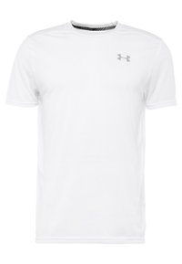 White short-sleeve t-shirt made of lightweight fabric, featuring a gray logo on the left chest and a round neckline.