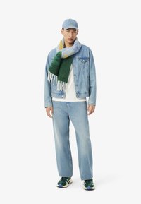 Giacca in denim e jeans a vestibilità rilassata di colore azzurro chiaro. Sciarpa multicolore grigio-blu, verde e gialla con frange. Sneaker scure con accenti verdi.