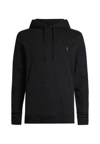 Black hoodie made of soft fabric, featuring a front kangaroo pocket, adjustable drawstring hood, and a small logo on the left chest.