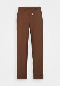 Brown trousers with a drawstring waistband, tapered legs, and rolled cuffs. Made from a smooth, woven fabric with a matte finish.