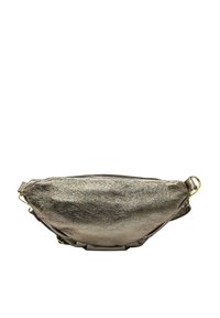 Banane métallisée et texturée aux tonalités dorées et argentées avec une forme arrondie. Équipée de quincaillerie dorée et de sangles ajustables. Fermeture éclair.