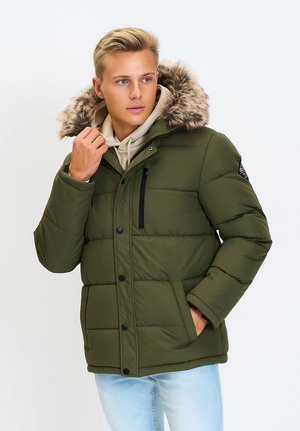 PADDED WITH FAUX FUR TRIM HOOD - Ziemas jaka - khaki