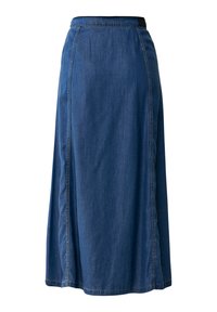 Džínová sukně, ke kolenům, tmavě modrá, A-liniová silueta, s postraními švy a pasem, hladká textura, ležérní design.