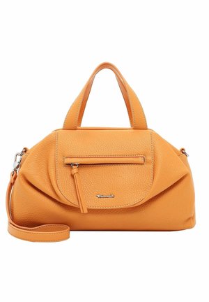 Orange textured leather handbag with two short handles, front zip pocket, and detachable shoulder strap, resting on a white background.