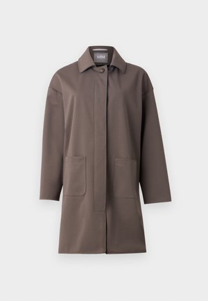 Brown, mid-length coat with a classic collar, button closure, and two front pockets. Made from smooth, structured fabric with a tailored fit.