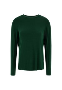 Maglietta a maniche lunghe verde con scollatura rotonda, realizzata in tessuto morbido, caratterizzata da un design semplice e privo di decorazioni, con una vestibilità comoda.