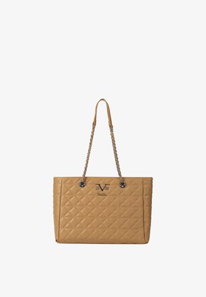 Beige quilted tote bag with chain and leather shoulder straps, featuring metallic "V ITALIA" logo on front.