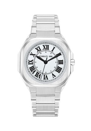 Orologio in acciaio inossidabile argentato con cassa quadrata, quadrante bianco, numeri romani neri e bracciale in metallo testurizzato. Nome del marchio "CERRUTI 1881" visibile.