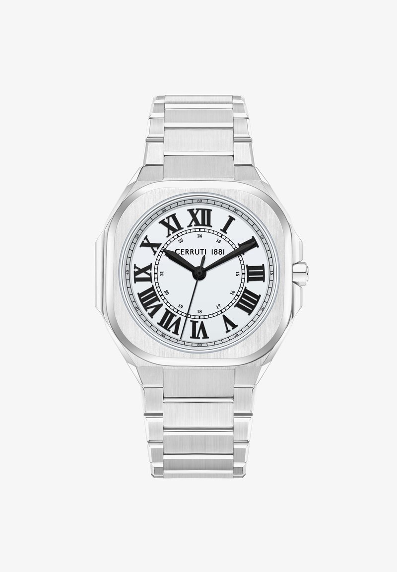 Srebrny zegarek ze stali nierdzewnej w kwadratowej kopercie, z białą tarczą, czarnymi rzymskimi cyframi i fakturowanym metalowym paskiem. Napis "CERRUTI 1881" widoczny.