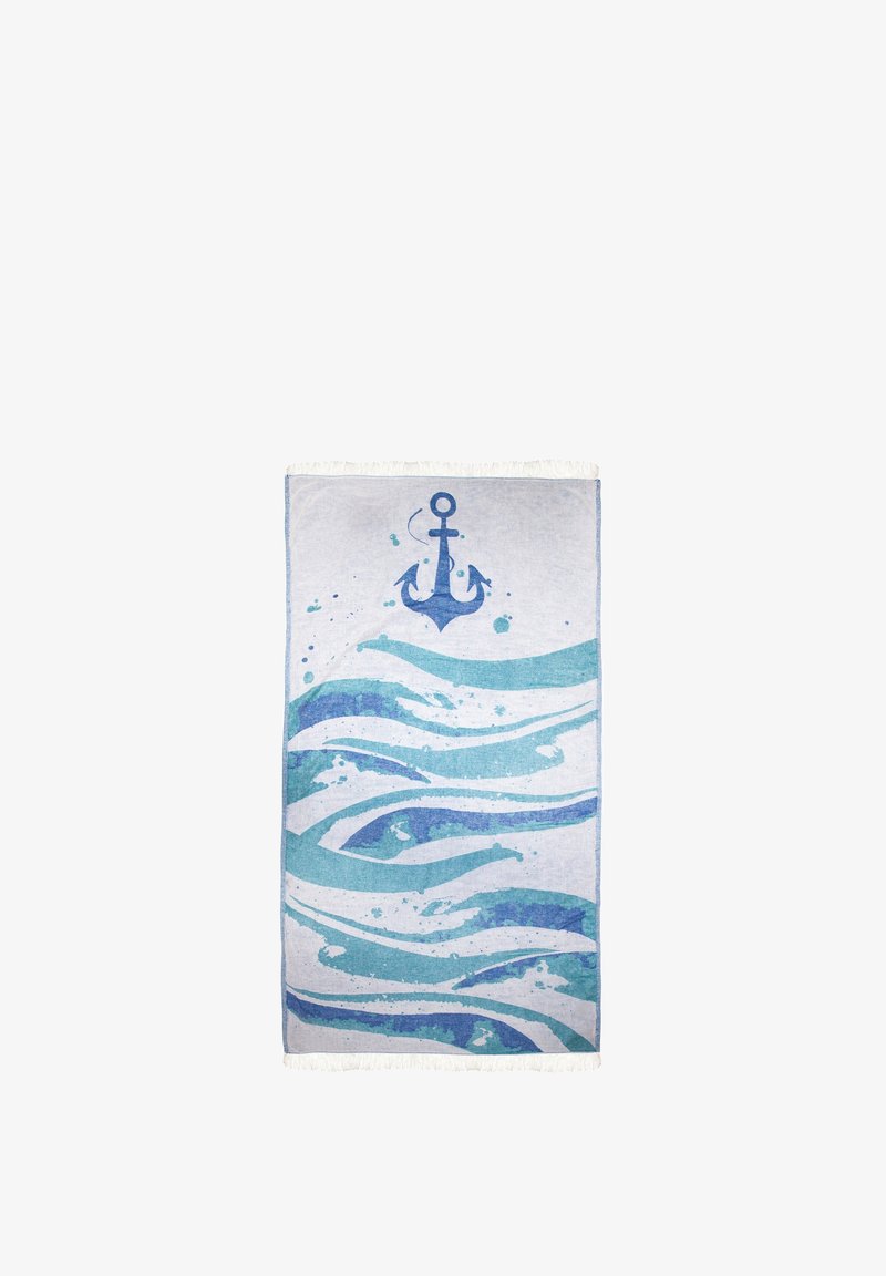 Blue and white beach towel featuring an anchor design and wave patterns, textured fabric, and fringe edges.