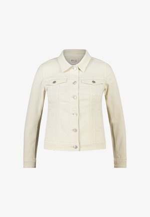 Off-white spijkerjack met knoopsluiting aan de voorkant, twee steekzakken op de borst met knopen, lange mouwen en een kraag.