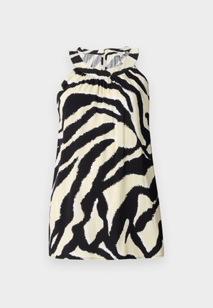 Črna in krem brezrokavna majica z zebrovim vzorcem, ki ima nabralne detajle na izrezanju in gumbasto zapiranje na hrbtu.