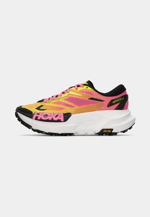 Bright yellow and pink athletic shoe with thick white sole, black accents, and "HOKA" and "Mafate X" branding on side.