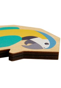 Wooden puzzle piece shaped like a bird, featuring colorful patterns of blue, yellow, and green with a smooth, glossy finish.