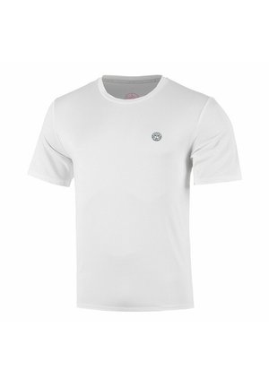 Maglietta bianca a maniche corte con scollatura a girocollo e un piccolo logo circolare nero sul petto a sinistra.
