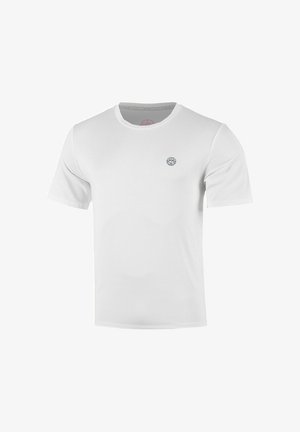 Weißes T-Shirt mit kurzen Ärmeln und Rundhalsausschnitt, mit einem kleinen schwarzen runden Logo auf der linken Brust.