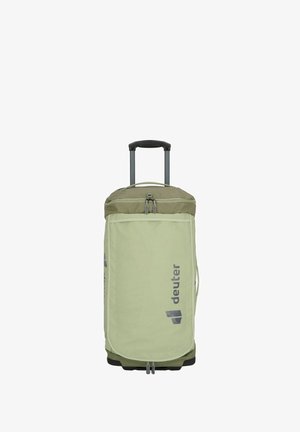 Grüne, rollende Reisetasche mit einem oberen Griff, einem ausziehbaren schwarzen Griff, einem Reißverschluss und einem Logo-Detail in Grau. Strukturierte, rechteckige Form.