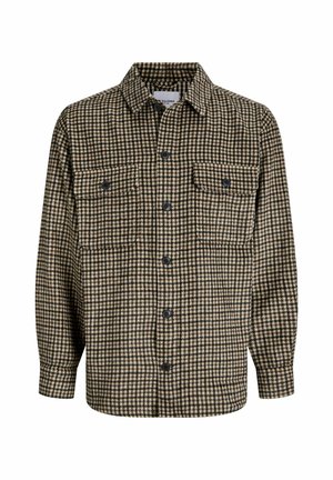 Bruin en crème geruite flanellen shirt met twee borstzakken, knopen aan de voorkant en lange mouwen. Gemaakt van textuurstof met een ontspannen pasvorm.