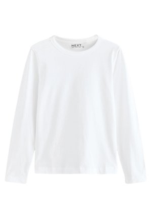 Witte shirt met lange mouwen en ronde hals, met een eenvoudig ontwerp, gemaakt van zachte stof, afgebeeld op een witte achtergrond.