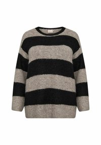Oversized sweater made of soft knit material, featuring black and beige horizontal stripes, round neckline, and dropped shoulder seams.