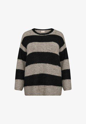 Übergroßer Pullover aus weichem Strickmaterial, mit schwarz-beigen horizontalen Streifen, Rundhalsausschnitt und überschnittenen Schultern.