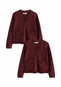 Burgundy kardigan s V-izrezom, šest gumba, dva prednja džepa s mašnama i ušivenim rubom. Mekana tekstura i pleteni materijal.