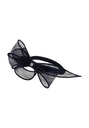 Black mesh hair bow with a layered design, featuring delicate texture and a central embellishment of small pearls.