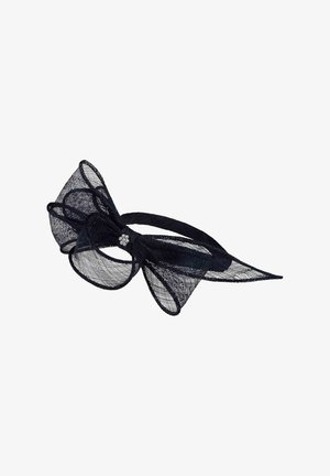 Black mesh hair bow with a layered design, featuring delicate texture and a central embellishment of small pearls.