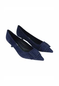 Tacchi in camoscio blu navy con punta a punta e un piccolo tacco a gattino. Presentano una fibbia quadrata prominente sulla parte superiore anteriore. Texture liscia.