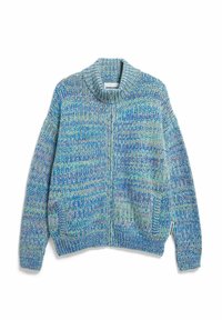 Gebreid vest in gemêleerd blauwe en groene draad, met een hoge kraag, ritssluiting en twee zijzakken. Gestructureerd, losvallend ontwerp.