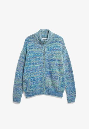 Gestrickte Strickjacke aus gemischtem blau-grünem Garn mit hohem Kragen, Reißverschluss und zwei seitlichen Taschen. Strukturierter, lockerer Schnitt.