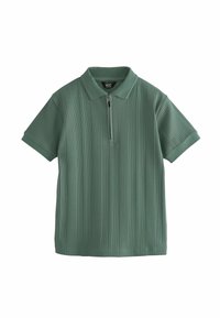 Grøn, kortærmet polo-shirt lavet af ribbet stof. Har en lynlåskrage og lige kant med et struktureret mønster.