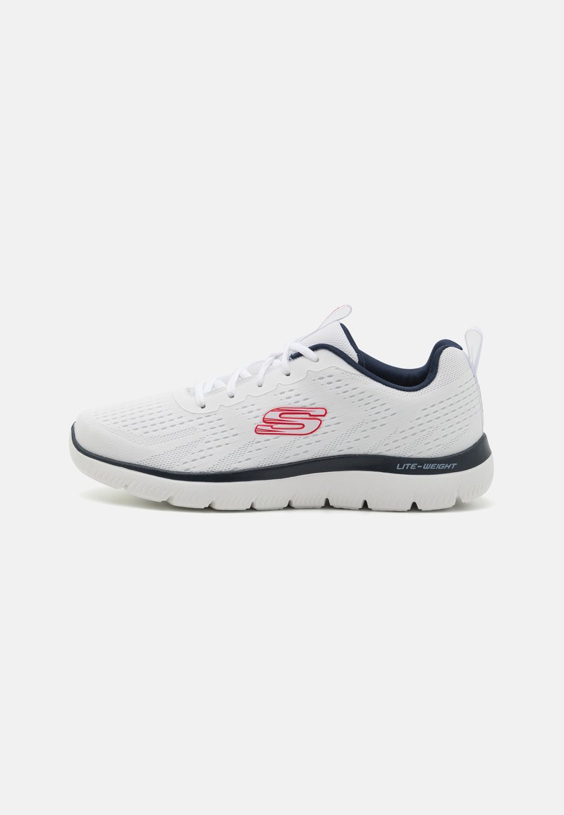 White athletic shoe with mesh upper, navy accents, light cushioning, and textured sole. Features laces and "S" logo on the side.