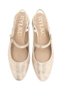 Ballet flats metallici dorati con punta arrotondata, dotati di una sottile cinghia alla caviglia e fibbia. Superficie liscia con dettagli di sottile texture.