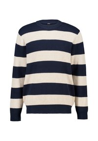 Maglione a righe navy e crema con texture a coste, collo a giro, e maniche lunghe. Presenta ampie righe orizzontali.