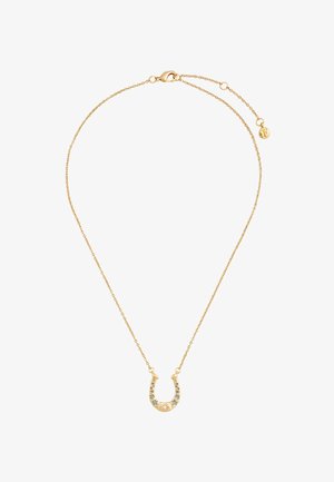 Zlatý náhrdelník s príveskom v tvare podkovičky, zdobený modrými a čírymi drahokamami. Jemný reťaz s nastaviteľnou dĺžkou.