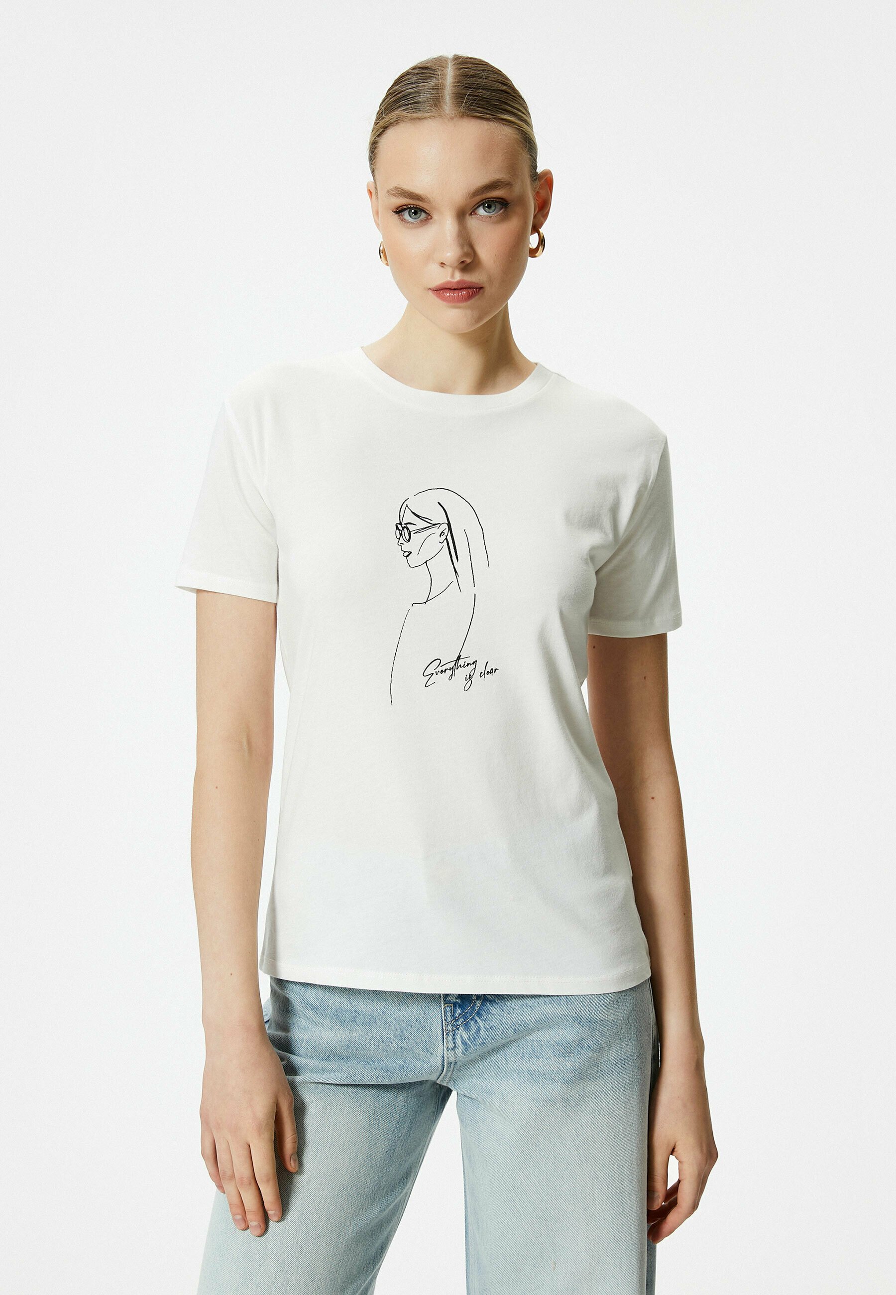KOTON Damen T-Shirt Mit Print – 100% Baumwolle, Kurzarm, Crewneck In Pink, Größe XS