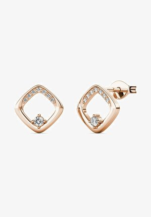 Orecchini in oro rosa a forma di diamante, con una pietra centrale trasparente e una fila di pietre più piccole lungo il bordo superiore. Finitura lucida.