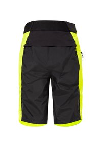 Zwarte shorts met neongele zijpanelen, gemaakt van lichtgewicht materiaal. Beschikt over een brede elastische tailleband en ritszakken.