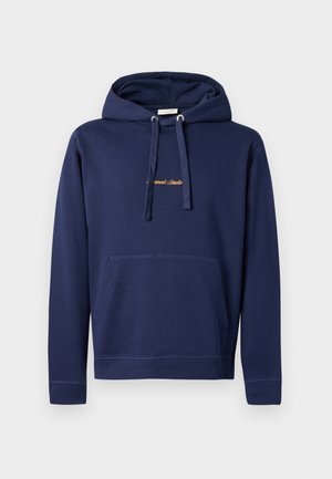 Navy blue hoodie made of cotton with a kangaroo pocket, drawstring hood, and embroidered text at the chest. Simple design with ribbed cuffs.
