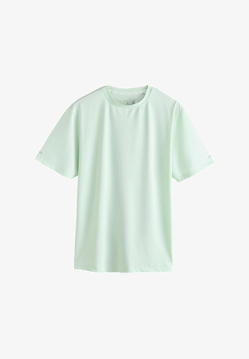 T-shirt vert menthe clair à manches courtes et col rond, coupe décontractée, présenté sur fond blanc.