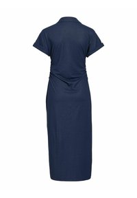 Robe midi bleu marine à manches courtes avec col et manches retroussées, vue de dos sur fond blanc.