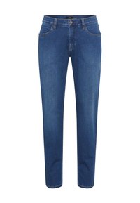 Jeans in denim blu scuro con un design aderente, stile a cinque tasche e chiusura con zip. Presentano cuciture a contrasto e una gamba dritta.