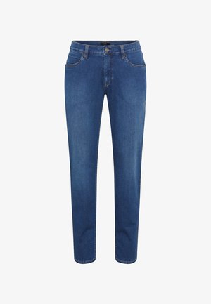 Dunkelblaue Denim-Jeans mit tailliertem Design, fünf Taschen-Styling und Reißverschluss. Verfügt über Kontrastnähte und einen geraden Bein Schnitt.