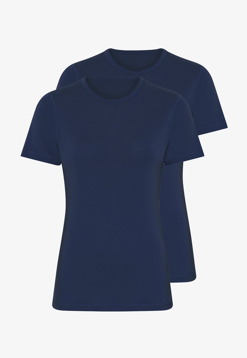 Mørkeblå, kortærmede T-shirts lavet af glat stof med rund hals og en tætsiddende pasform, solgt som et par.