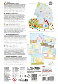 Wooden matching game with colorful round disks, patterned cards featuring illustrations. Dimensions of cards are 22 x 27 cm. 128 pieces included.